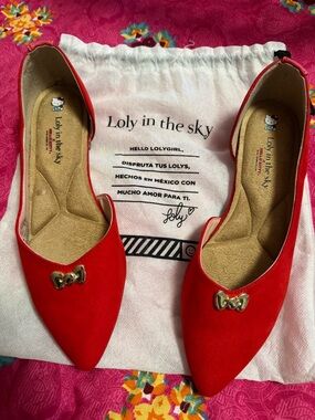 Loly in the Sky Red Pointed Flats with Gold Bow Accent